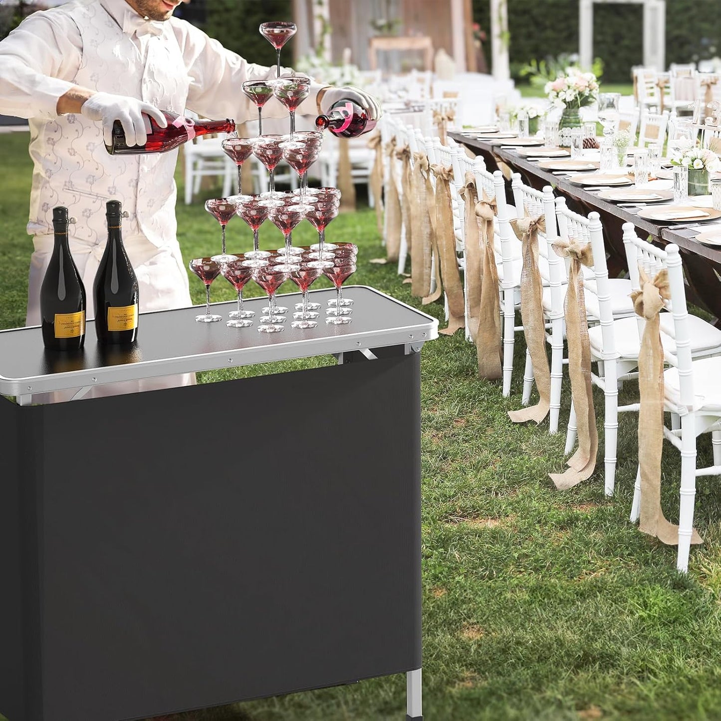 Portable Bar Table, 2-Tier Shelves, Mobile Bar Table for Events, Party, Camping, Picnic, Tradeshow, Indoor with Black Skirt, 39 "L X 34" H