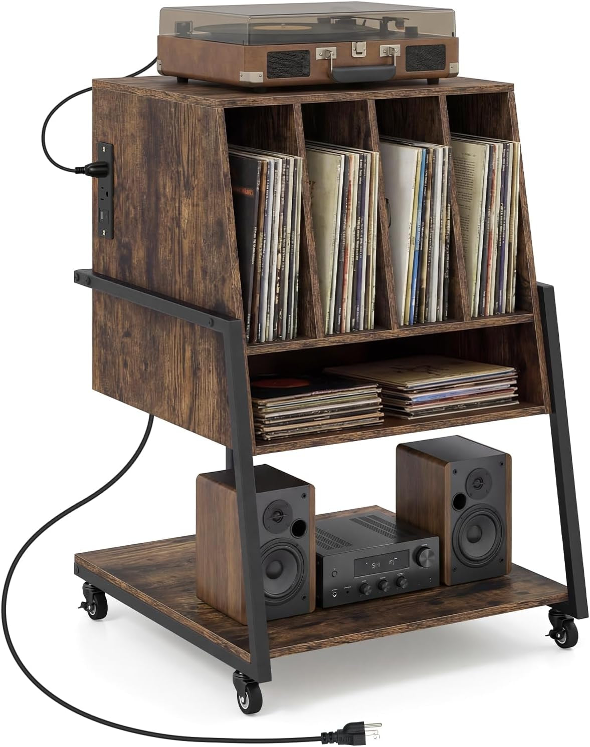 Record Player Stand on Wheels, 3-Tier Turntable Stand with Charging Station, Compartment & Open Shelf, Holds up to 150 Vinyl Records, Modern Vinyl Record Storage for Small Spaces, Rustic Brown