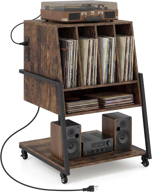 Record Player Stand on Wheels, 3-Tier Turntable Stand with Charging Station, Compartment & Open Shelf, Holds up to 150 Vinyl Records, Modern Vinyl Record Storage for Small Spaces, Rustic Brown