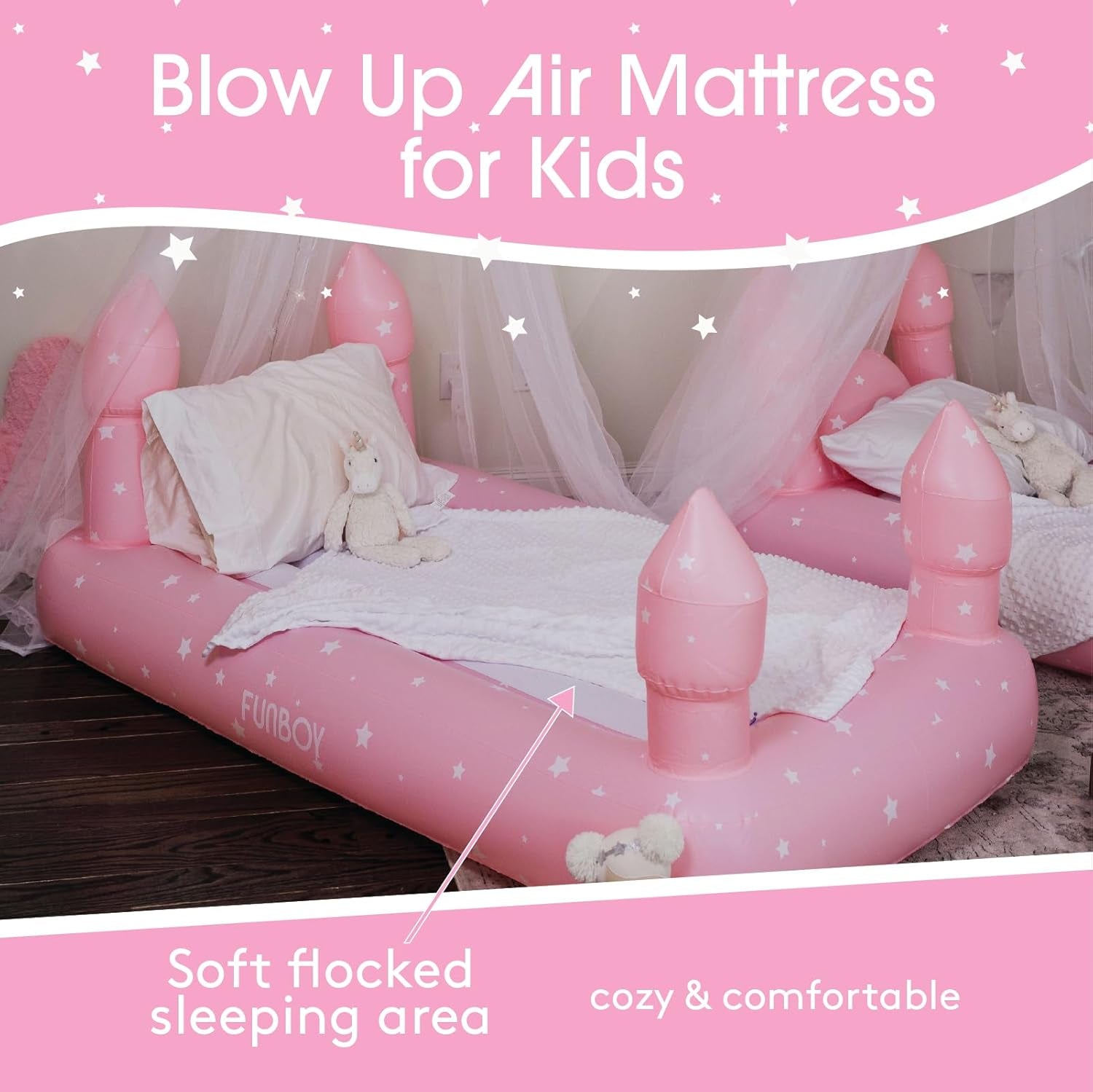 Kids Pink Castle Sleepover Travel Bed & Air Mattress. Perfect for Sleepovers. Includes Carrying Storage Bag, Twin