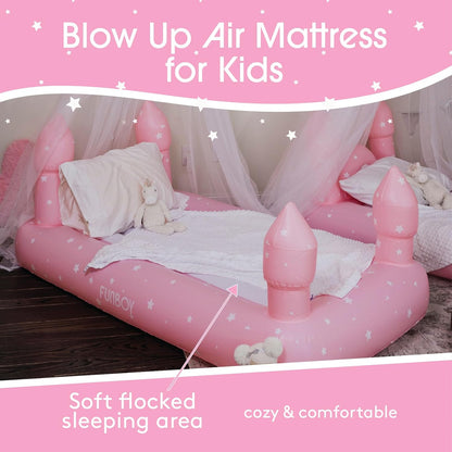 Kids Pink Castle Sleepover Travel Bed & Air Mattress. Perfect for Sleepovers. Includes Carrying Storage Bag, Twin