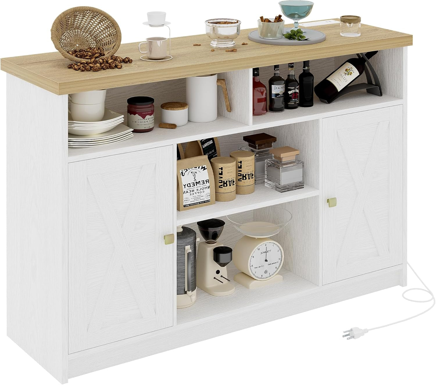 Buffet Cabinet with Power Strip, 47 “ Coffee Bar Cabinet with Barn Doors and Thickened Top Board, Modern Farmhouse Sideboard Storage Buffet for Dinning Room, Kitchen, Rustic White