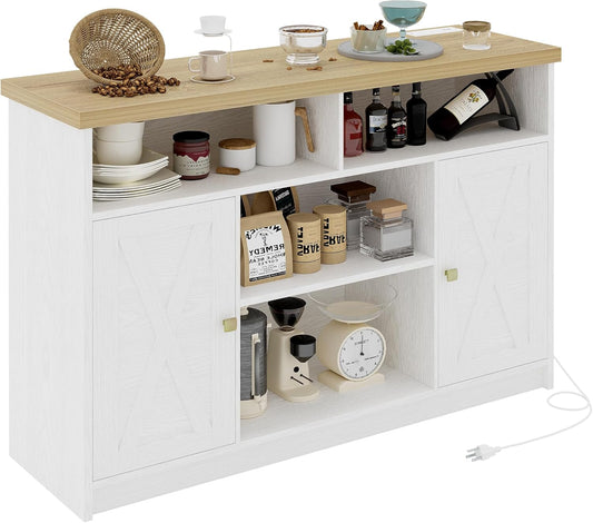 Buffet Cabinet with Power Strip, 47 “ Coffee Bar Cabinet with Barn Doors and Thickened Top Board, Modern Farmhouse Sideboard Storage Buffet for Dinning Room, Kitchen, Rustic White