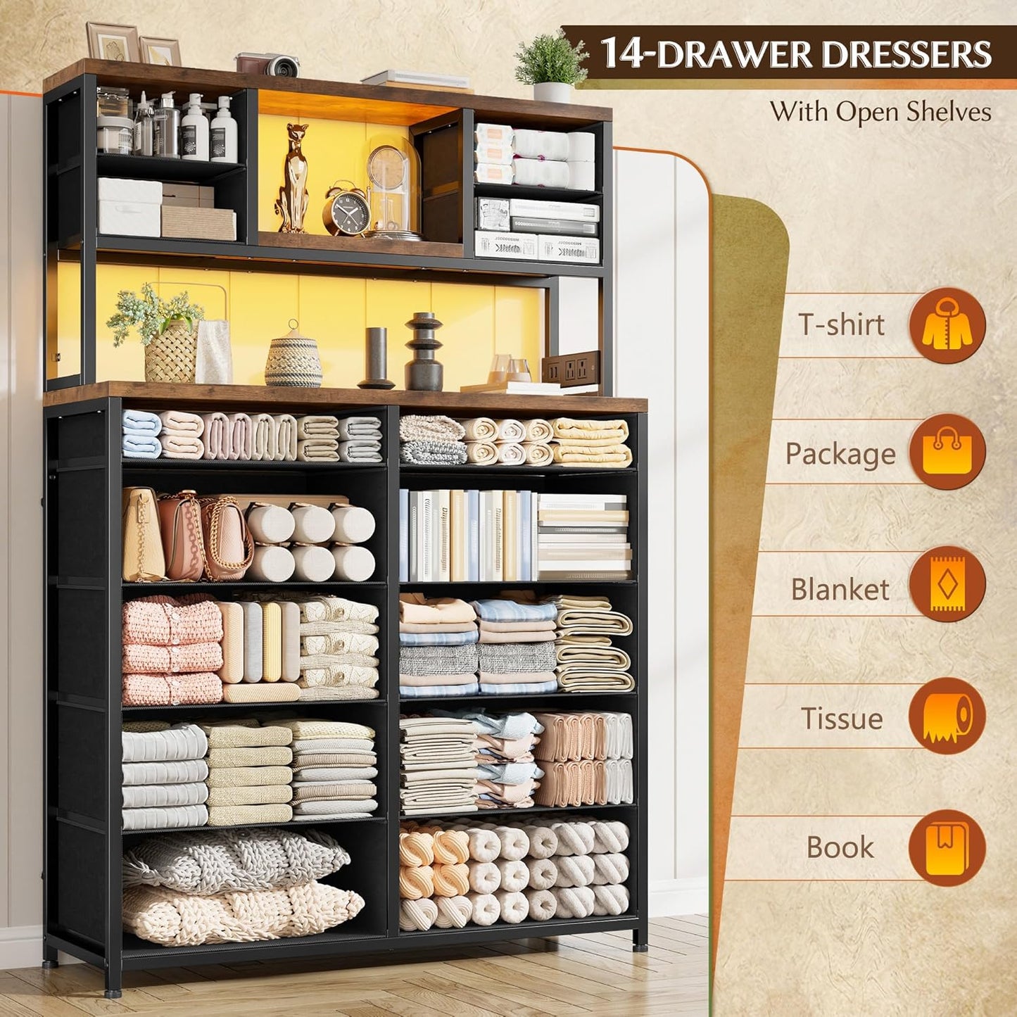 Black Dresser with 14 Fabric Drawers, Dresser for Bedroom with Charging Station and LED Lights,Dressers & Chests of Drawers for Bedroom, Steel Frame & Wooden Top, Entryway