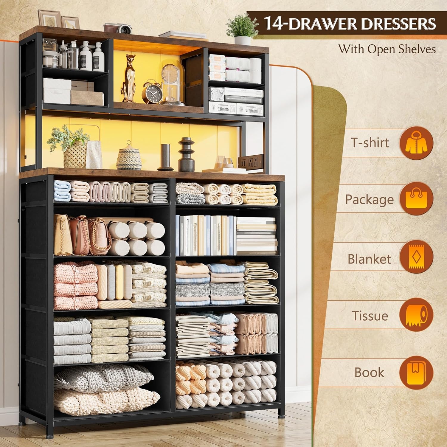 Black Dresser with 14 Fabric Drawers, Dresser for Bedroom with Charging Station and LED Lights,Dressers & Chests of Drawers for Bedroom, Steel Frame & Wooden Top, Entryway