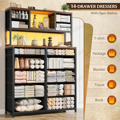 Black Dresser with 14 Fabric Drawers, Dresser for Bedroom with Charging Station and LED Lights,Dressers & Chests of Drawers for Bedroom, Steel Frame & Wooden Top, Entryway
