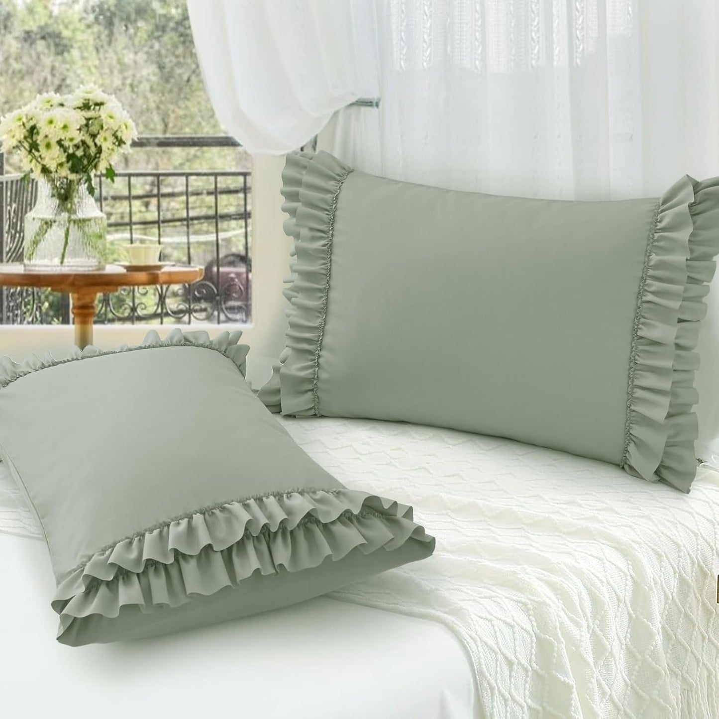 Ruffled Pillow Cases Set of 2, King Microfiber Pillowcases, Decorative Ruffle Pillow Covers with Envelope Closure, 20X36 Inches Sage Green Boho Pillow Shams