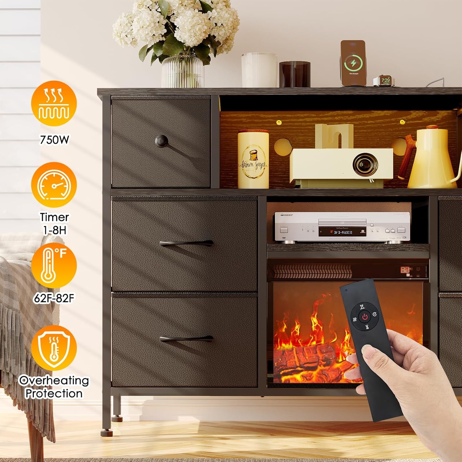 TV Stand with Fireplace, Entertainment Center with Power Outlets and LED Lights, TV Stand Dresser for 50 Inch TV, 6 Drawers with Open Shelves, for Living Room, Black