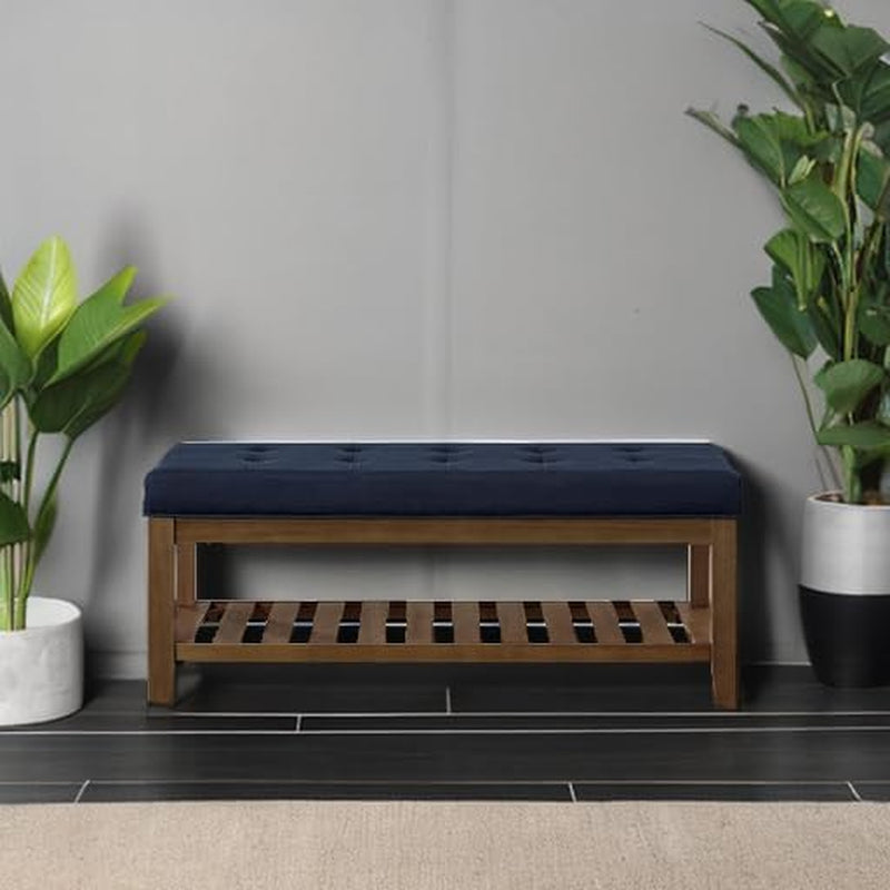 Large Rectangular Upholstered Tufted Linen Fabric Ottoman Bench, Padded Bench with Solid Wood Shelf-Navy Blue
