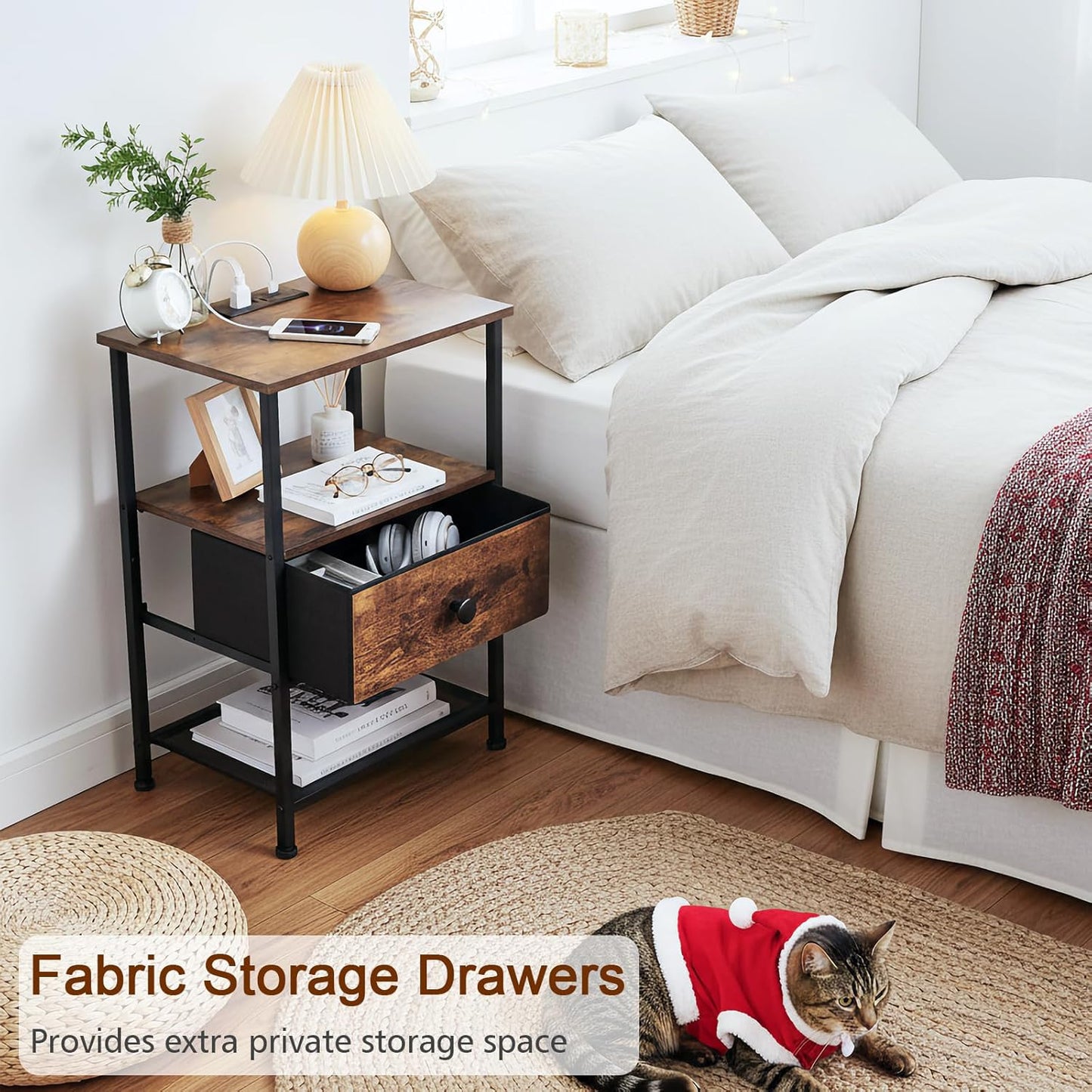 Night Stand Set 2, Nightstand with Charging Station, End Tables Living Room with Fabric Drawer for Small Spaces, Bed Side Tables with Storage Shelf for Bedroom, Rustic Brown HETS010PBR