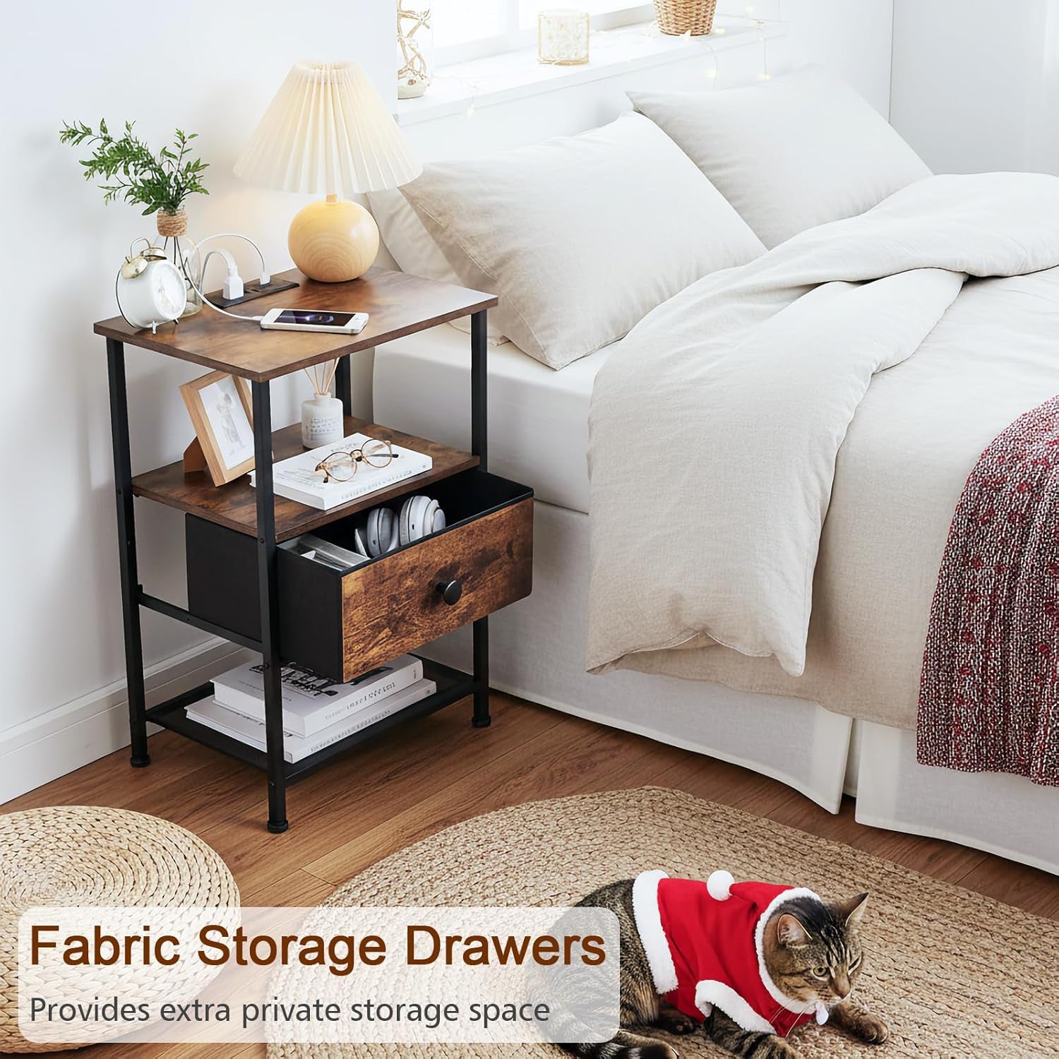 Night Stand Set 2, Nightstand with Charging Station, End Tables Living Room with Fabric Drawer for Small Spaces, Bed Side Tables with Storage Shelf for Bedroom, Rustic Brown HETS010PBR