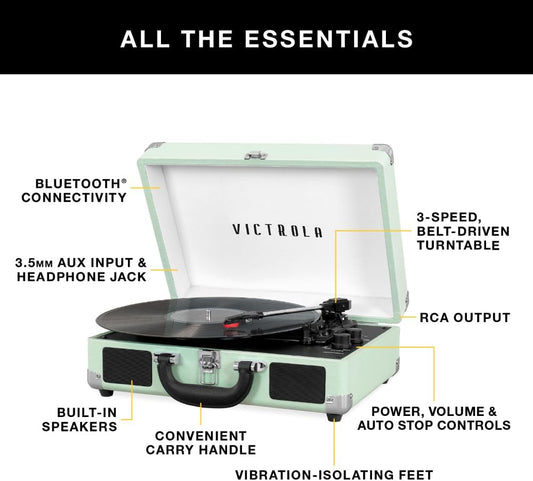 Journey Bluetooth Portable Suitcase Record Player – with Built-In Speakers, 3 Speed Vinyl Record Player, RCA Out, Headphone Jack (Gray)