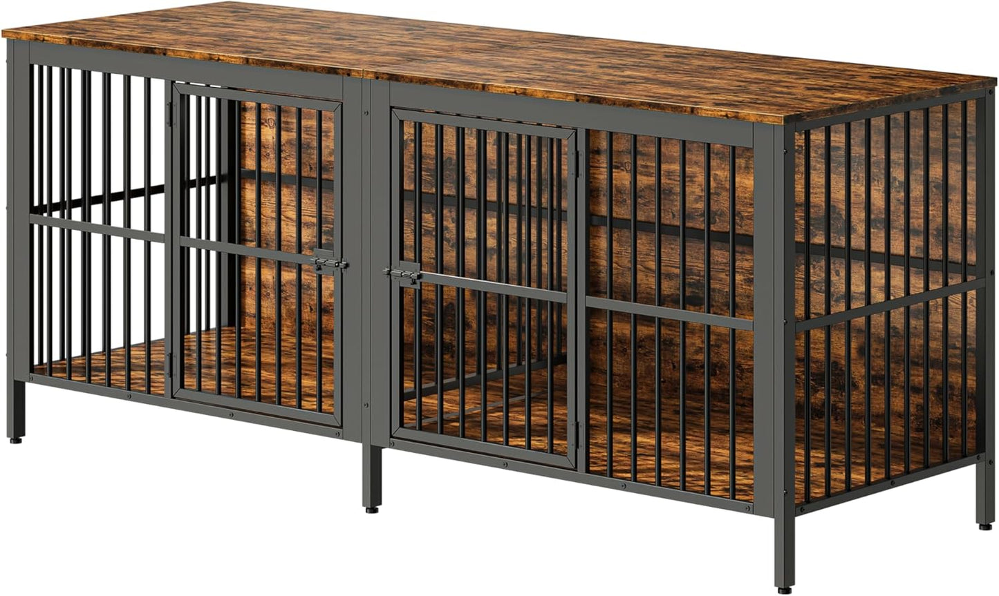 80" Dog Crate End Table, Heavy Duty 2-Door Dog Crate Furniture with Double Compartments, Large Dog Kennel Indoor for Living Room, Multipurpose Dog House as TV Stand or Side Table, Rustic Brown