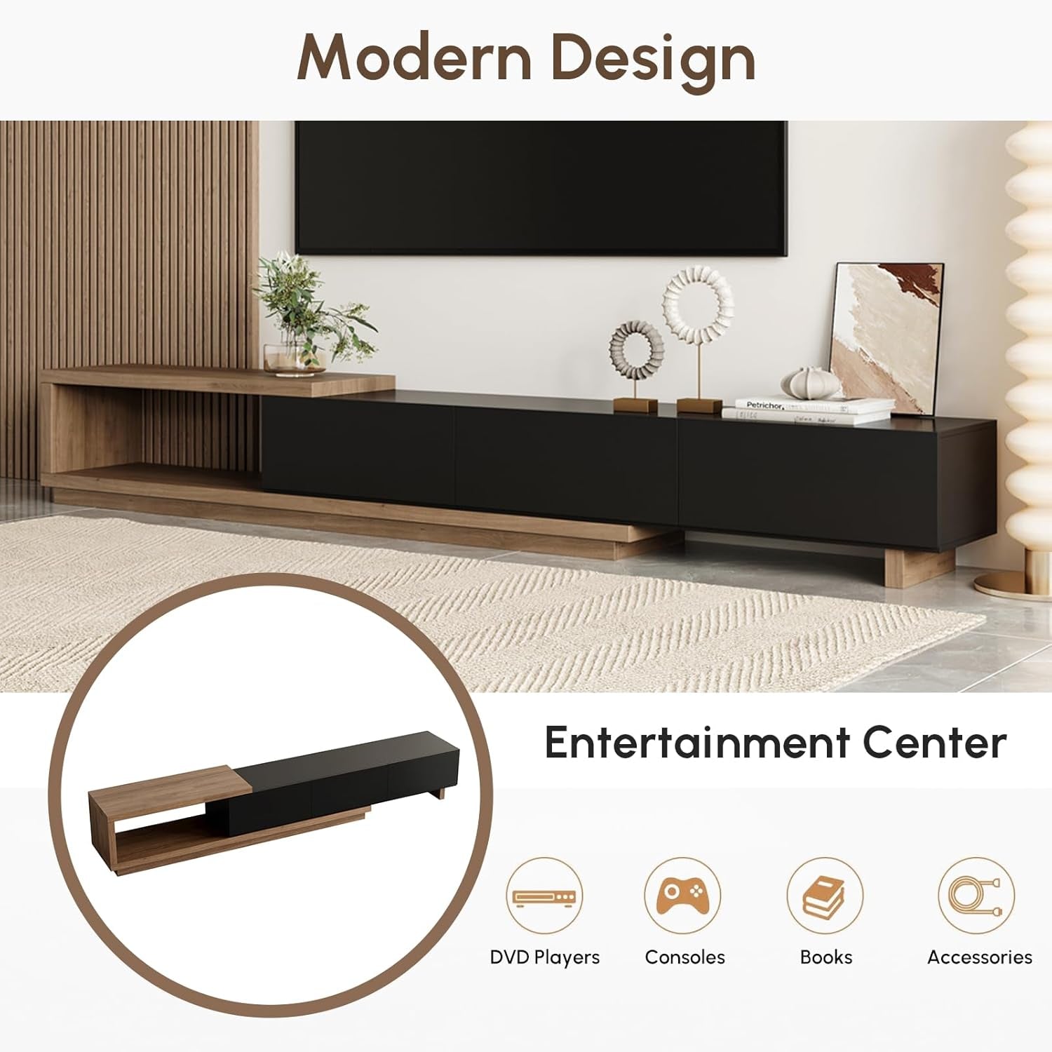 Modern Mid-Century Coffee Table and TV Stand Set of 2, Extendable Entertainment Center Set for Living Room (Black & Walnut)