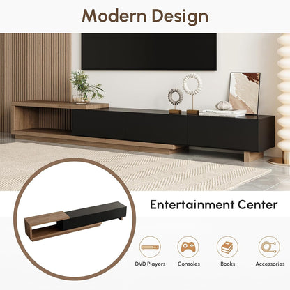 Modern Mid-Century Coffee Table and TV Stand Set of 2, Extendable Entertainment Center Set for Living Room (Black & Walnut)