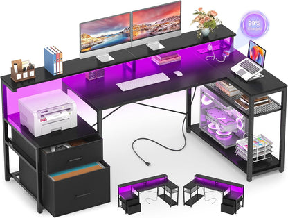 L Shaped Desk with File Drawer, Reversible L Shaped Computer Desk Gaming Desk with Power Outlet & LED Strip, Home Office Desk with Monitor Shelf, Corner Desk with Storage Shelves, Black