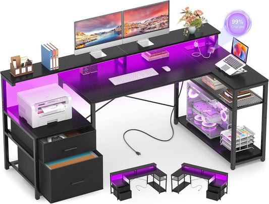 L Shaped Desk with File Drawer, Reversible L Shaped Computer Desk Gaming Desk with Power Outlet & LED Strip, Home Office Desk with Monitor Shelf, Corner Desk with Storage Shelves, Black