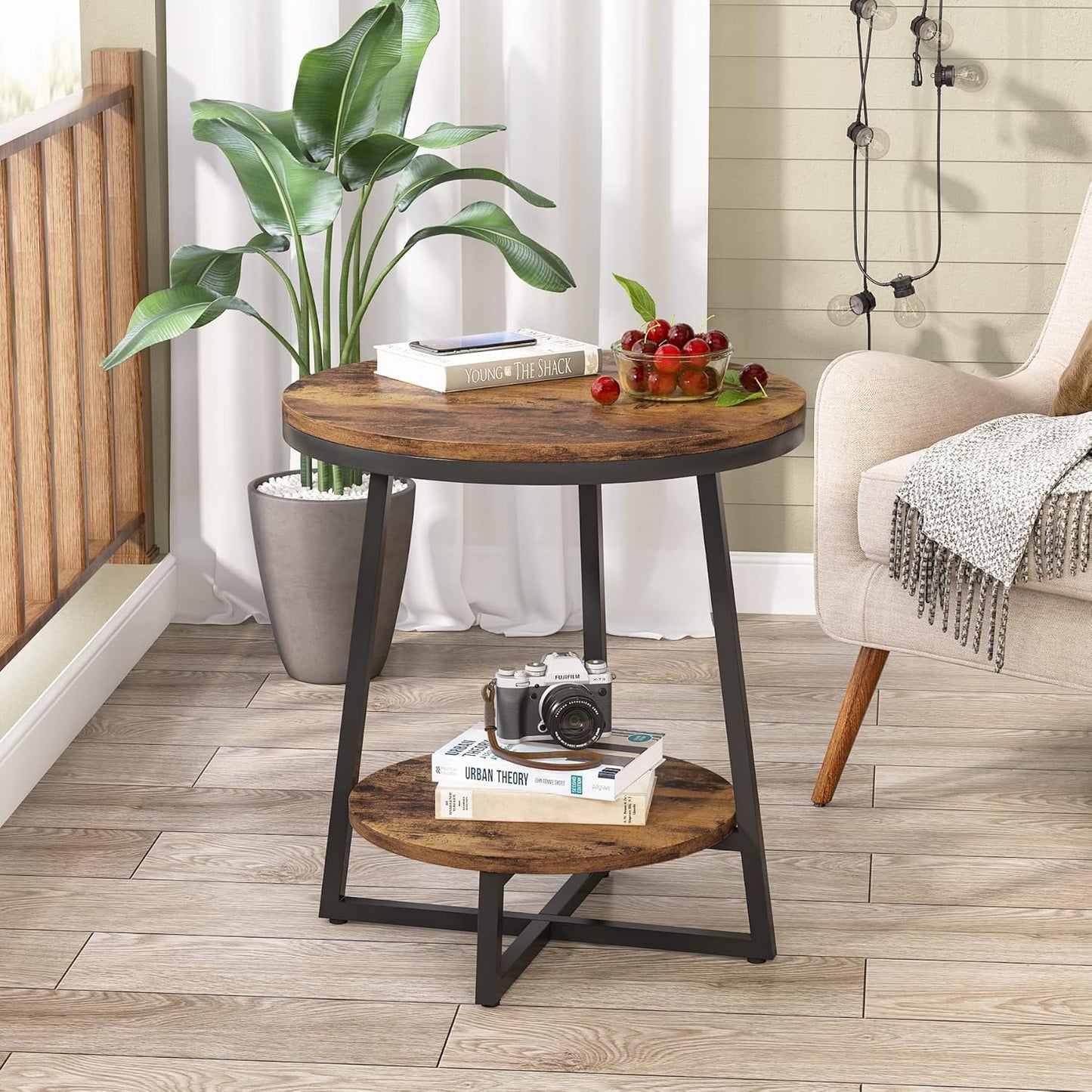 End Table, 2 Tier round Side Table with Storage Shelf, Industrial Nightstand Bedside Table Coffee Accent Table for Living Room Bedroom Small Space, Rustic Brown