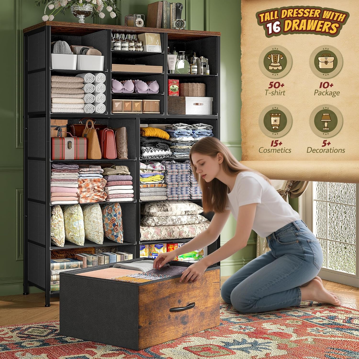 57“H Dresser for Bedroom with 16 Drawers,Fabric Dressers & Chests of Drawers for Bedroom,Large Dresser, Sturdy Metal Frame & Wood Top,Entryway, Hallway(Rustic Brown)