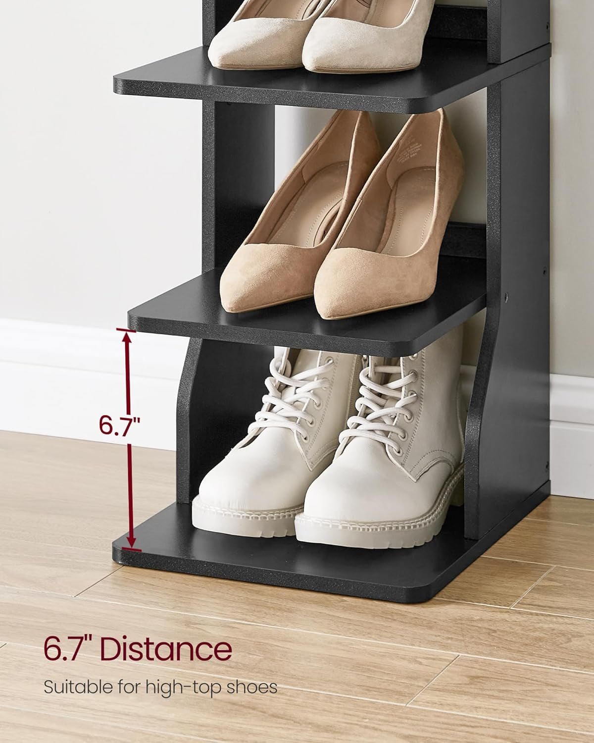 7-Tier Vertical Shoe Rack, Narrow Shoe Storage Organizer with Hooks, Slim Corner Shoe Tower Rack, Space Saving for Entryway and Bedroom, Black ULBS200T16