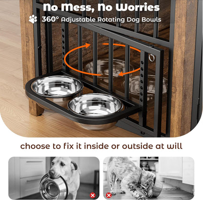Dog Crate Furniture, Wooden Dog Kennel Indoor with Adjustable 360°& Height Dog Bowls, Double Doors Furniture Dog Crates End Table for Small/Medium 31.5" L*22.5" W*25.6" H, Brown
