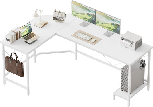 50 Inch Large Corner Gaming Desk, Simple L Shaped Desk with CPU Stand & Hooks, Computer Desk for Home, Bedroom & Office Workspace, White