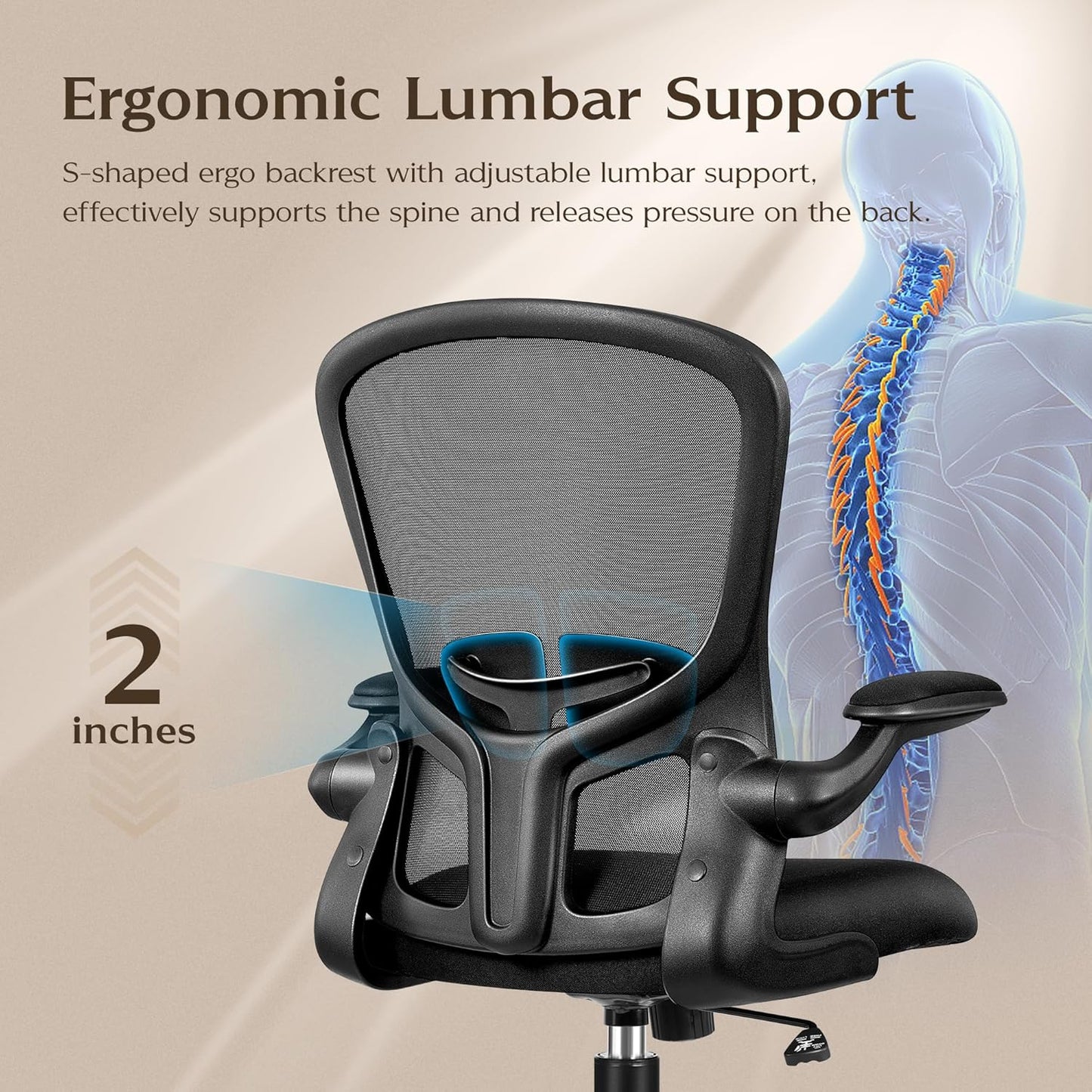 Office Desk Chairs, Ergonomic PC Desk Chair with Wheels, Adjustable Lumbar Support and Height, Swivel Computer Chair with Flip-Up Armrests, Ergo Mesh Backrest for Working (Black)