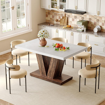 47 Inches Dining Table for 4, Modern Dining Room Tables, White Rectangle Kitchen Table with Rustic Brown V-Shaped Pedestal, Wooden Dinner Table for Dining Room, Kitchen, Living Room