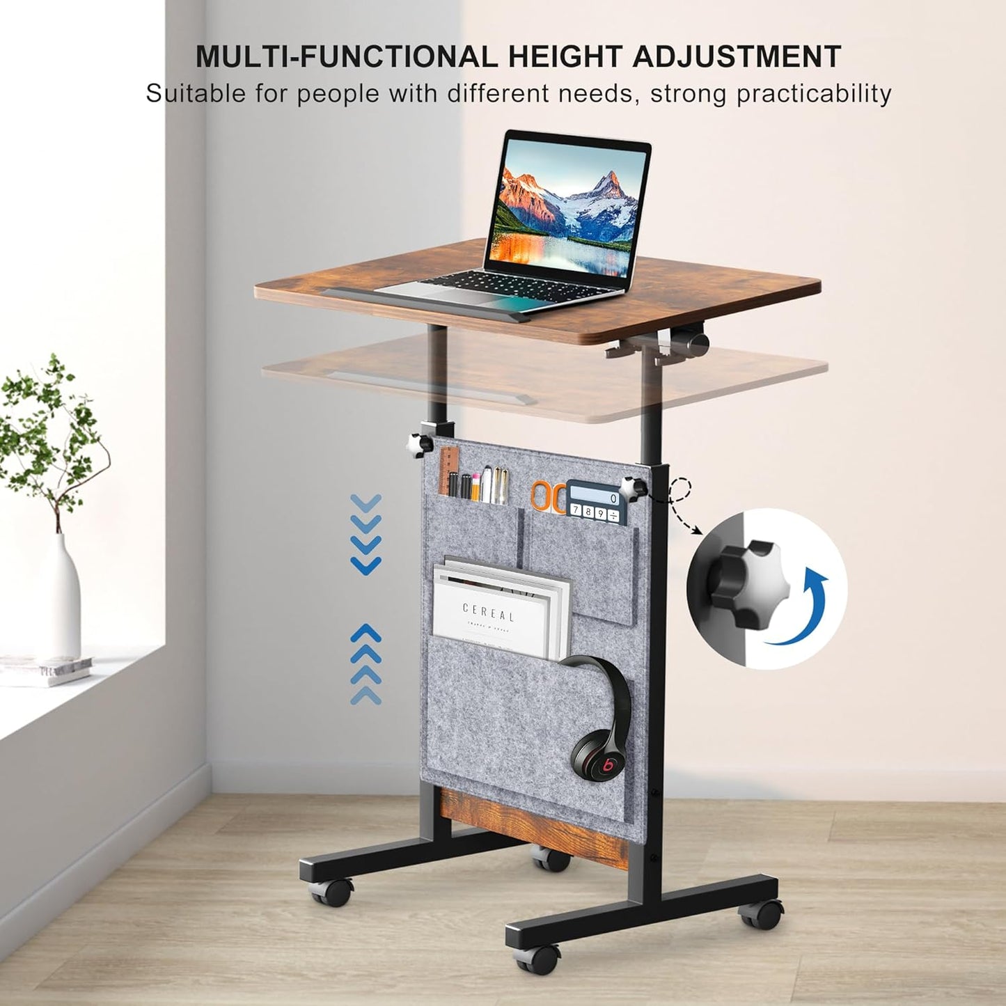 Height Adjustable Standing Desk with Storage Bag Widths16 in Length 24 In, Portable Rolling Mobile Stand up Table with Wheels, 360 Degree Flip Laptop Computer Desk for Home Office, Rustic Brown