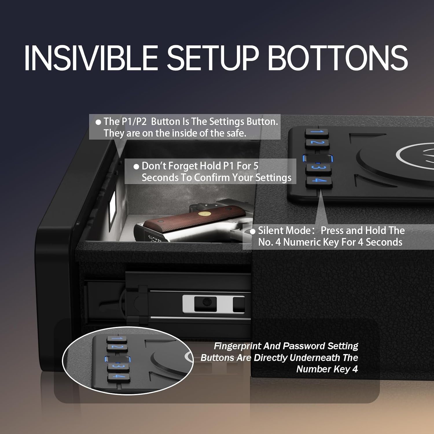 Biometric Alarm Clock Safe with Wireless Charging for Phone and Watch, 3 Quick Access Stopbox with Fingerprint Backlit Keypad - Compact Nightstand Drawer with LED Light, 24/7 Digital Clock, Bedside