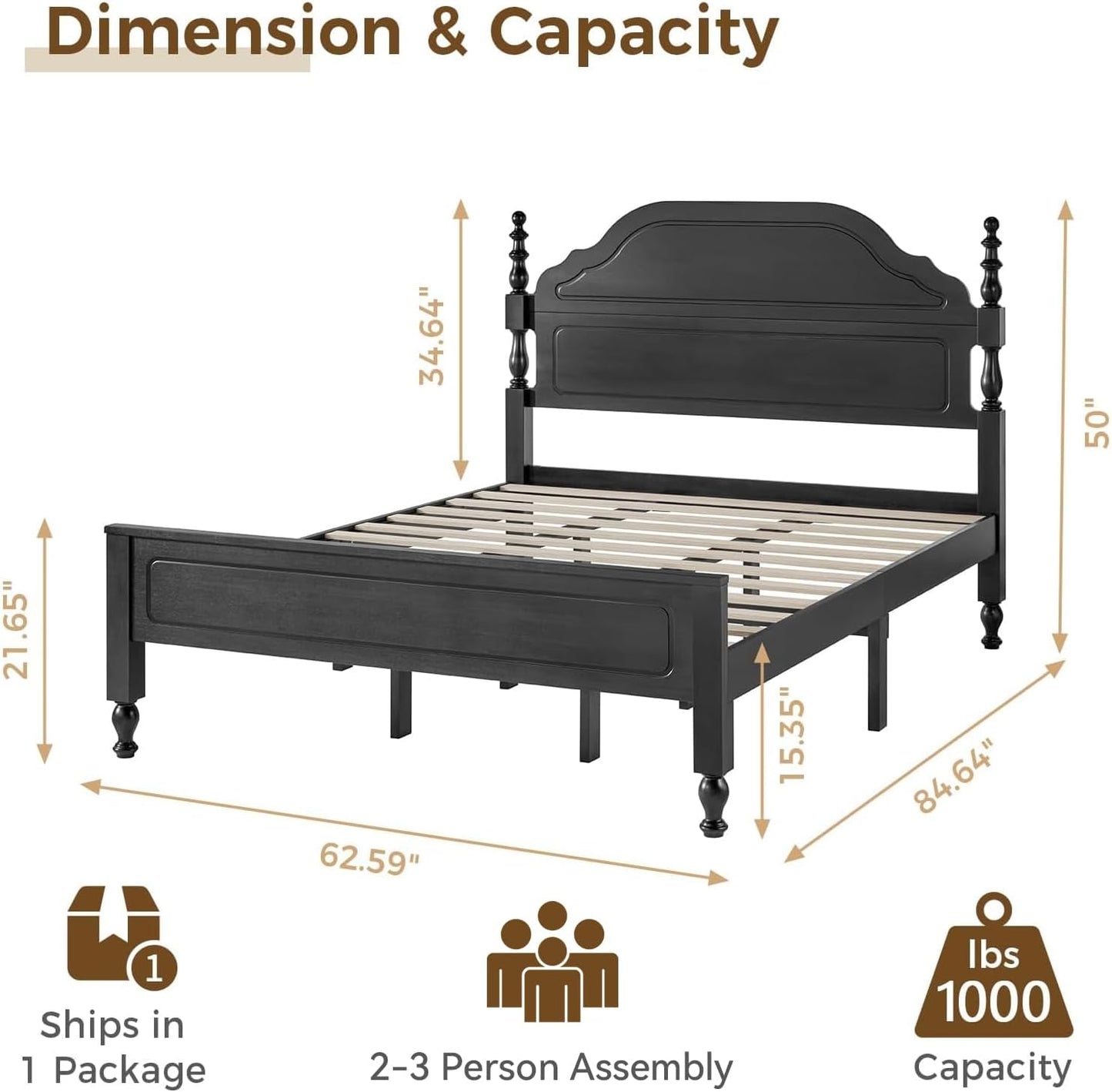 Wood Queen Size Bed Frame with Wooden 50" Tall Headboard, Heavy Duty 12 Solid Wood Slats Support, Rubber Wood Platform Bed Frame with Large under Bed Storage, No Box Spring Needed, Rustic Black