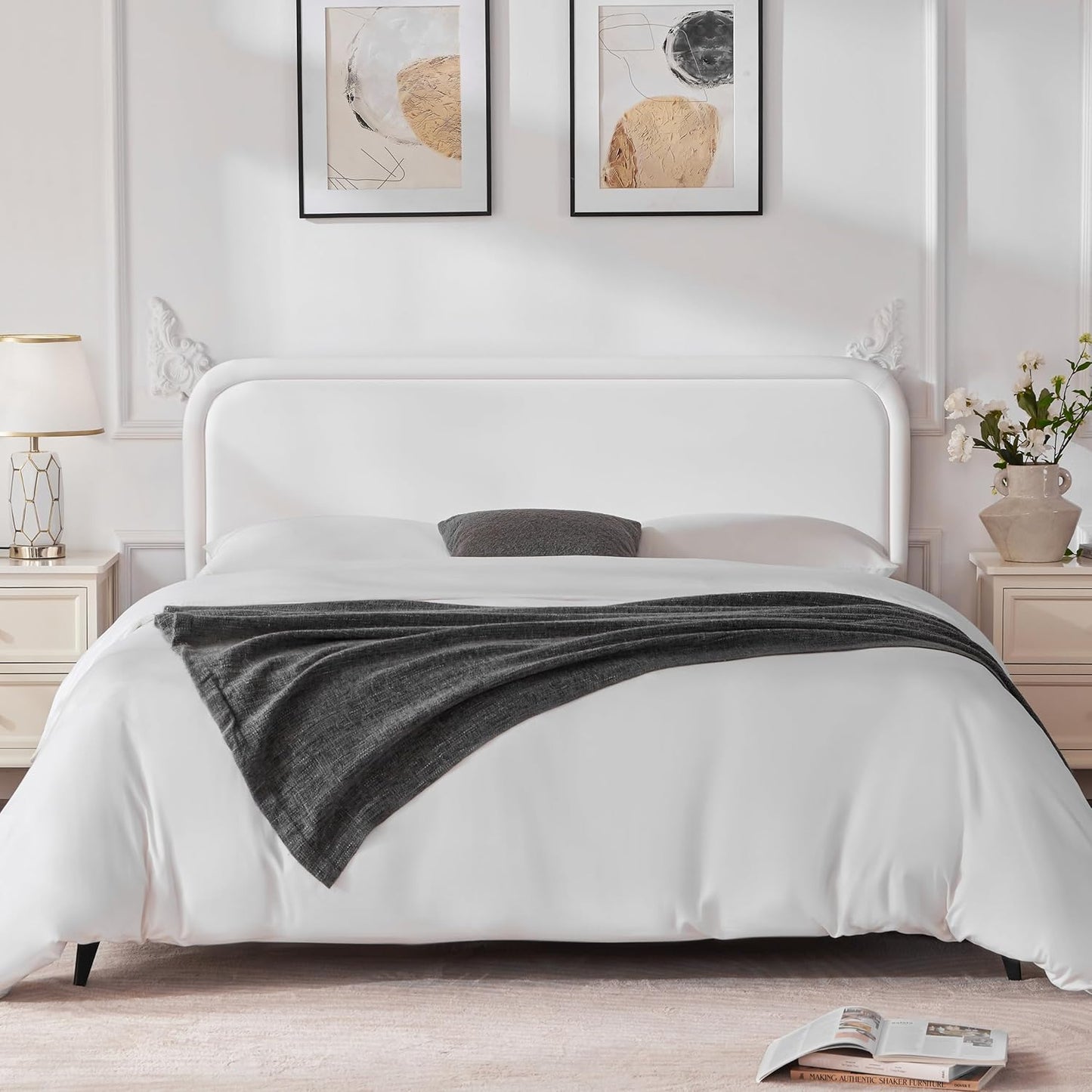 Velvet Fabric Headboard for King Size Bed, Upholstered King Headboard Only, Dorm Headboards from 41” to 49” Height, Sturdy and Durable Solid Wood Bed Head Board, White