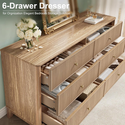 Fluted 6 Drawers Dresser, 54" Wide Modern Chest of Drawers with round Corners, Wooden Dresser TV Stand, Wood Drawer Organizer for Bedroom, Living Room, Hallway