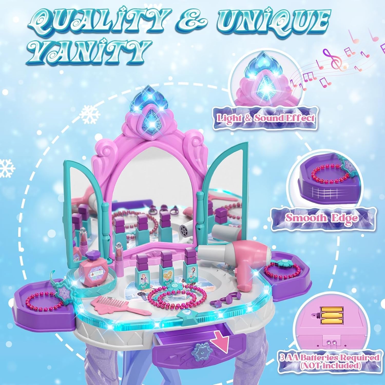 Kids Vanity Table and Chair Set, Girls Makeup Table with Mirror Stool Lights Music, Toddler Pretend Play Vanity Set for Princess Dress Up, Girl Toys Gifts for Age 3 4 5 Years Old