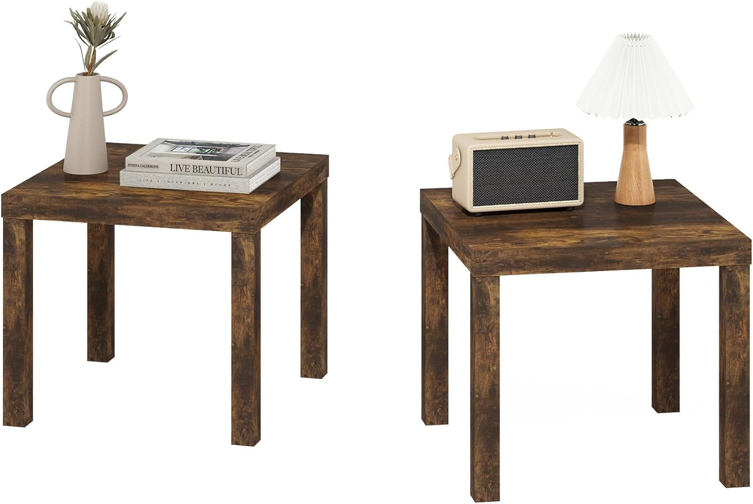Classic Side Table Set of 2, Square End Table with Triple Thick Tabletop, Night Stand, Bedside Table, for Living Room, Bedroom, Amber Pine