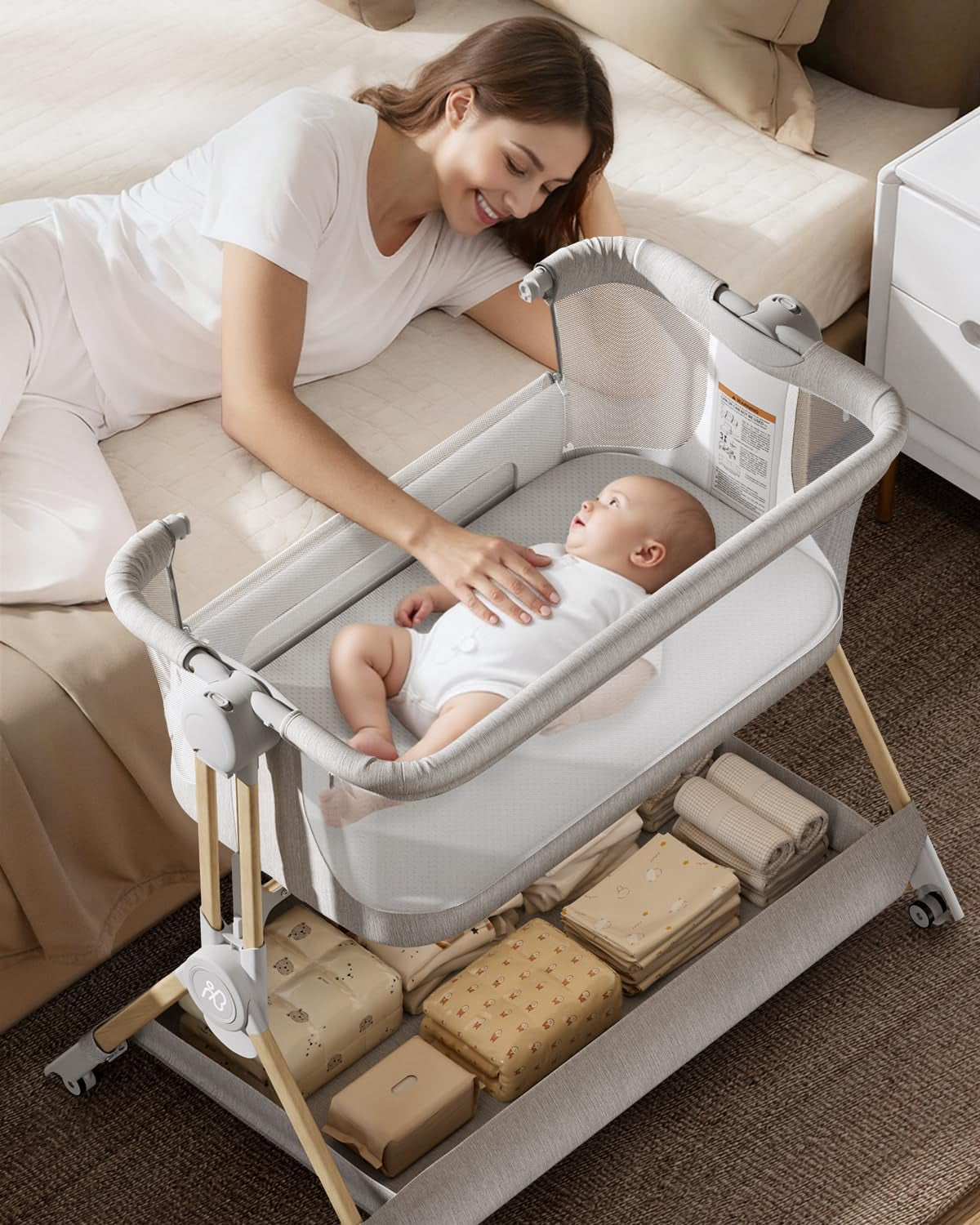 Baby Bassinet, 3-In-1 Bedside Bassinet for Baby, One-Touch Foldable Baby Crib for Newborn with Full-Mesh Sides & Adjustable Height, Mattress & Storage Bag