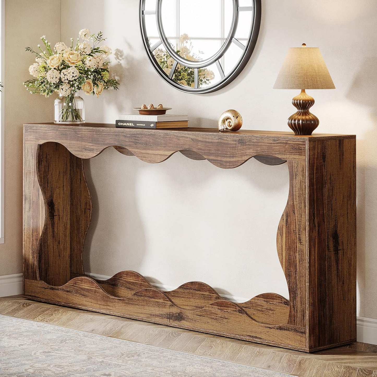 63 Inches Farmhouse Console Table with Storage, Couch Table behind Sofa, Long Entryway Sofa Station, Narrow Console Stand, Hallway Stand for Entryway Living Room, Brown