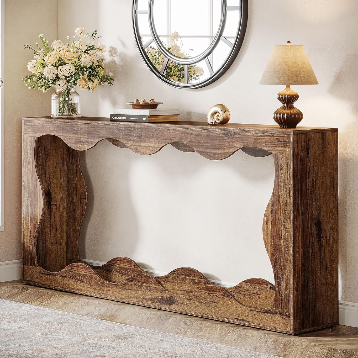 63 Inches Farmhouse Console Table with Storage, Couch Table behind Sofa, Long Entryway Sofa Station, Narrow Console Stand, Hallway Stand for Entryway Living Room, Brown