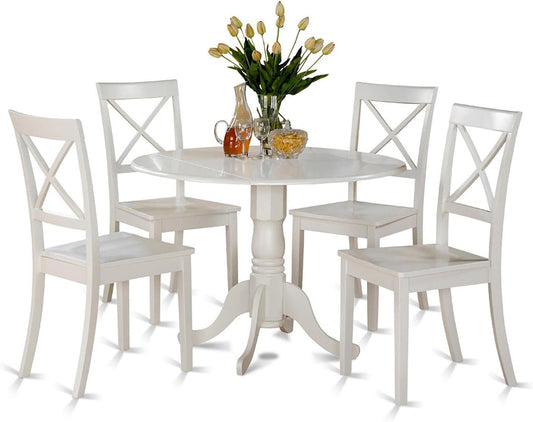 DLBO5-WHI-W 5 Piece Kitchen Table Set for 4 Includes a round Dining Room Table with Dropleaf and 4 Solid Wood Seat Chairs, 42X42 Inch, Linen White