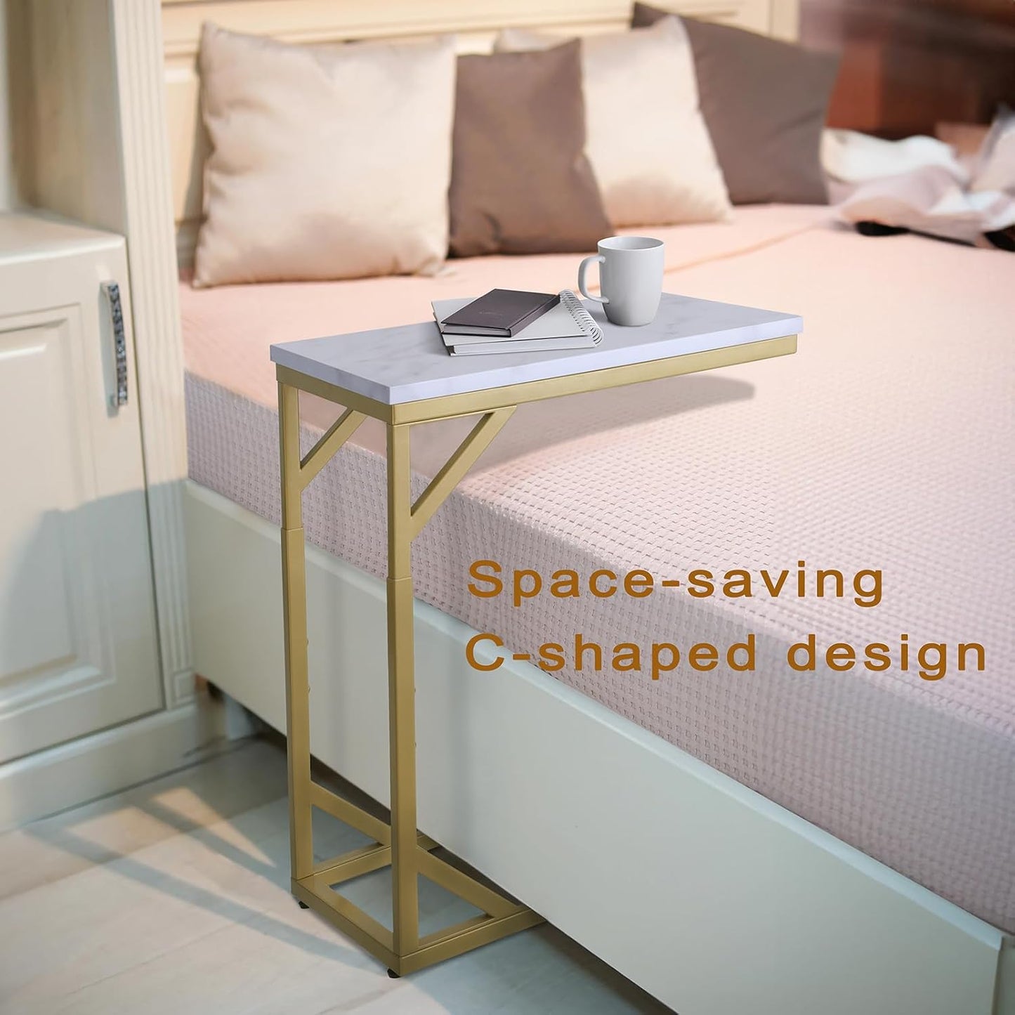 C-Shaped End Table, Sturdy Side Table for Couch Sofa Bedside Small Space,C Snack Table TV Tray Record Player Stand Small Tables for Living Room Bedroom,Easy to Assemble,Gold