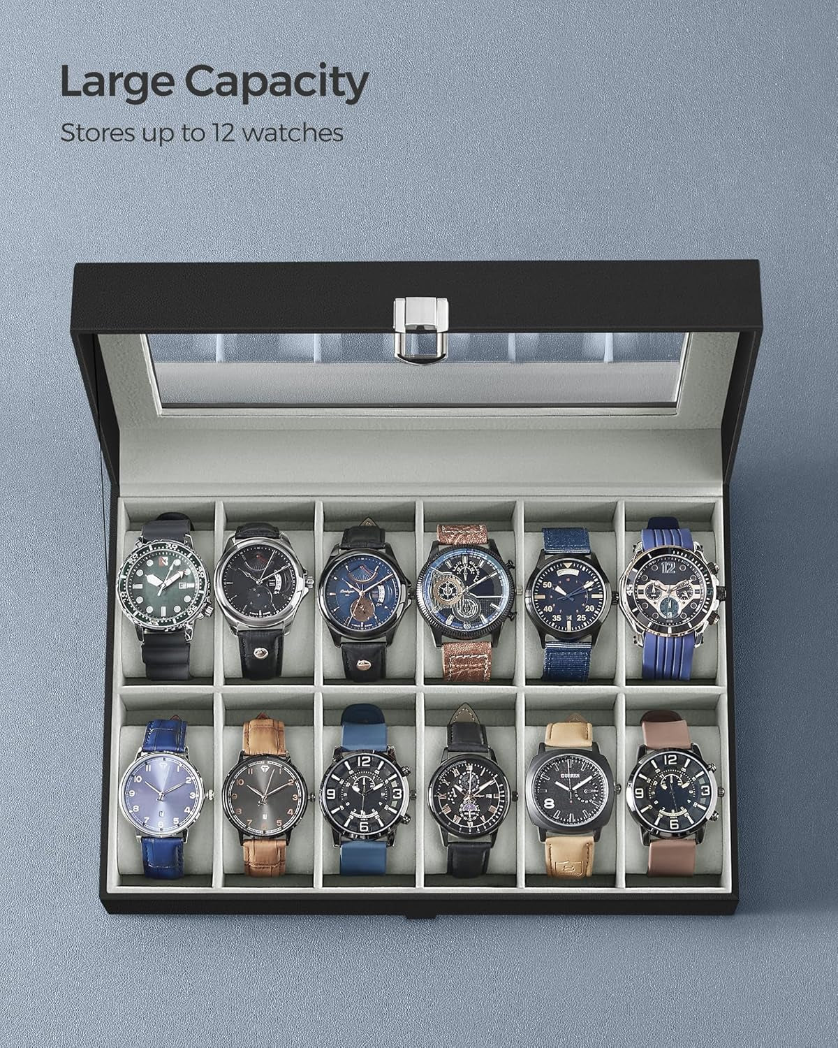 3-Layer Jewelry Box and 12-Slot Watch Box Bundle, Jewelry Organizer with Glass Lid, for Big and Small Jewelry, Removable Watch Pillows, Cloud White and Ink Black UJBC239WT and UJWB12BK