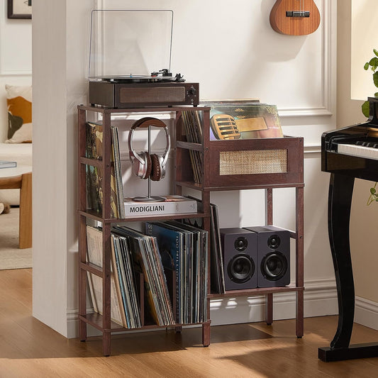 Record Player Stand, Vintage Walnut Wood Record Holder with Vinyl Storage Holds up to 300+ Albums, 3-Tier Rattan Media Table with Vinyl Display Shelf, Record Storage Cabinet for Living Room