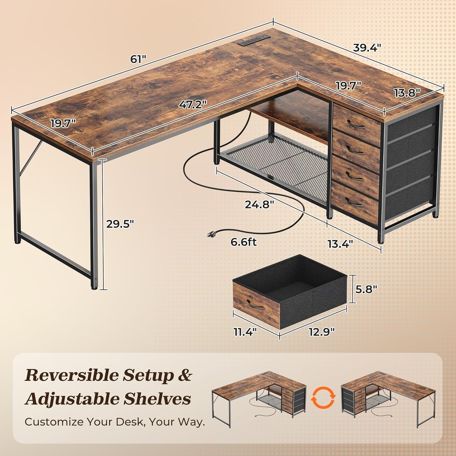 61" L Shaped Desk with Power Outlets and USB-C Port, Reversible Computer Corner Office Desk with 4 Fabric Drawers and 2 Height-Adjustable Shelves, Large for Gaming Writing Study, Rustic Brown