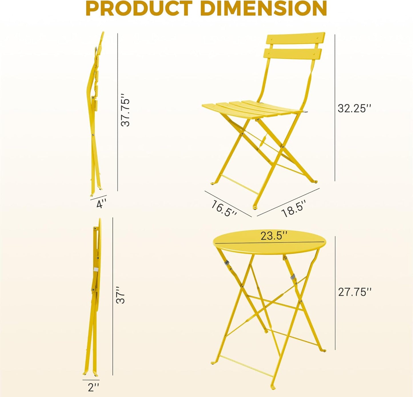 3-Piece Folding Bistro Set, 2 Chairs and 1 Table, Weather-Resistant Outdoor/Indoor Conversation Set for Patio, Yard, Garden-Yellow