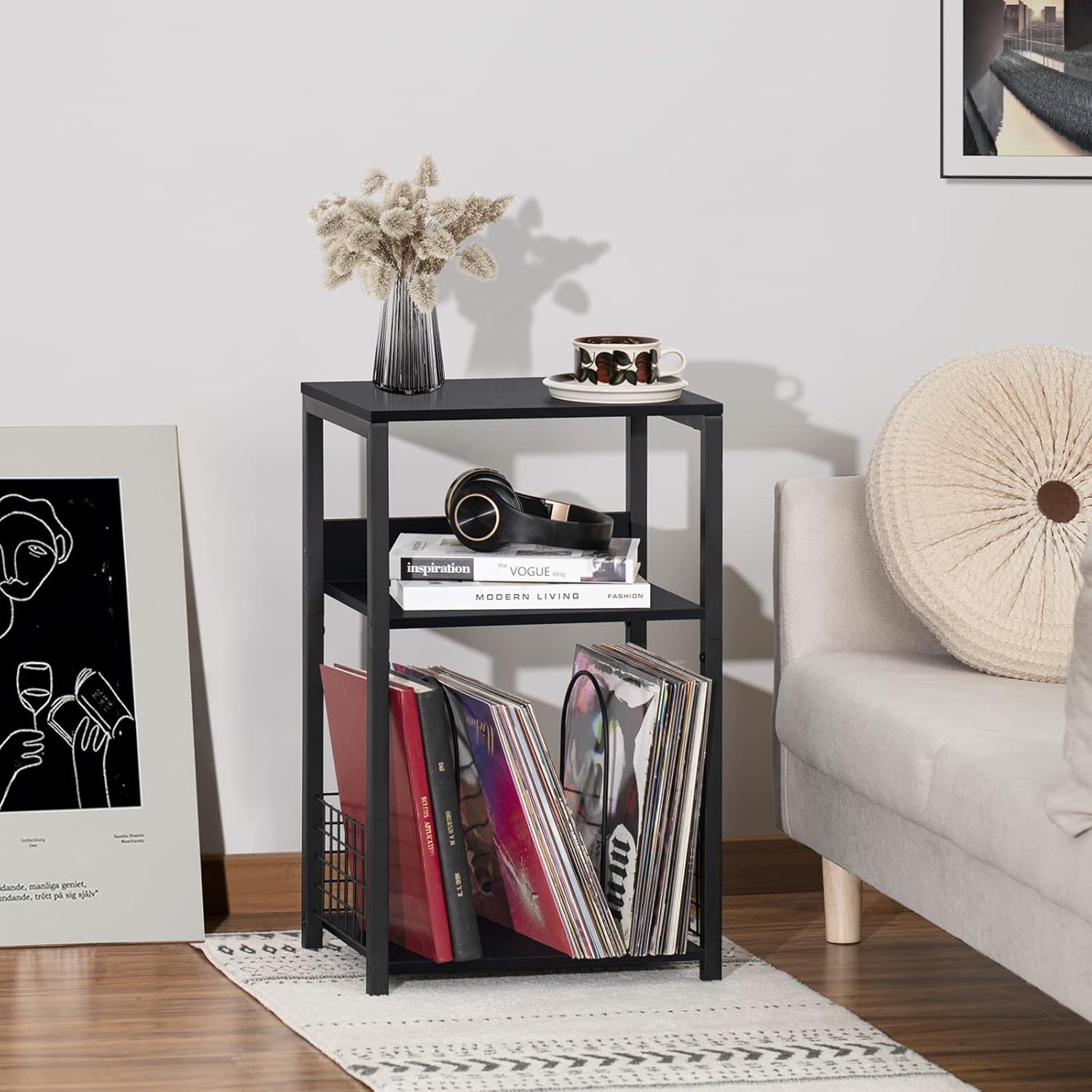 Black End Table, Small Side Table with Metal Frame,Modern Record Player Stand with Storage Shelf, Wood 3 Tier Sofa Bedside Tables, Narrow Nightstand for Living Room Bedroom Office