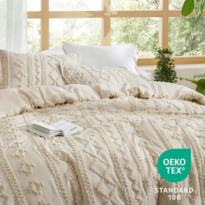 Tufted Boho Comforter Set Queen Size - Beige Boho Bed Set, Gentlesoft™ 3 Pieces Farmhouse Shabby Chic Embroidery Bedding, Gifts for Woman, Soft Jacquard Queen Comforter for All Seasons