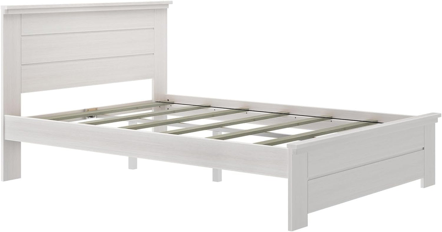 Rustic Wood Queen Bed Frame, Platform Bed with Headboard, Solid, White Wash