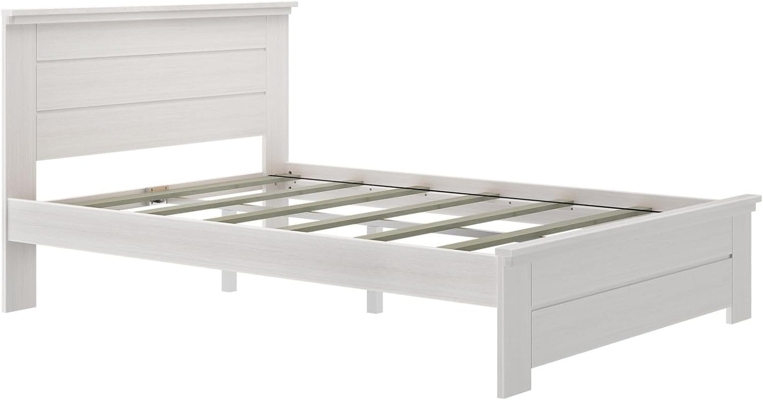Rustic Wood Queen Bed Frame, Platform Bed with Headboard, Solid, White Wash