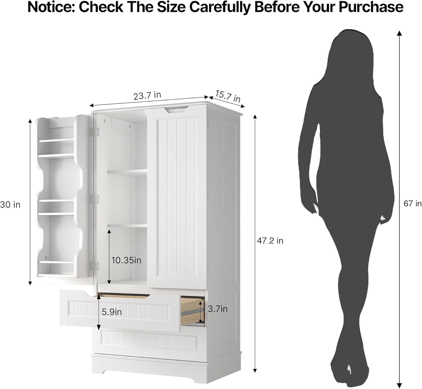 Kitchen Pantry Storage Cabinet with Drawers Freestanding Bathroom Storage Cabinets with Doors and Shelves, 47" Small Food Pantry Cabinet for Dining Room Craft Room, White