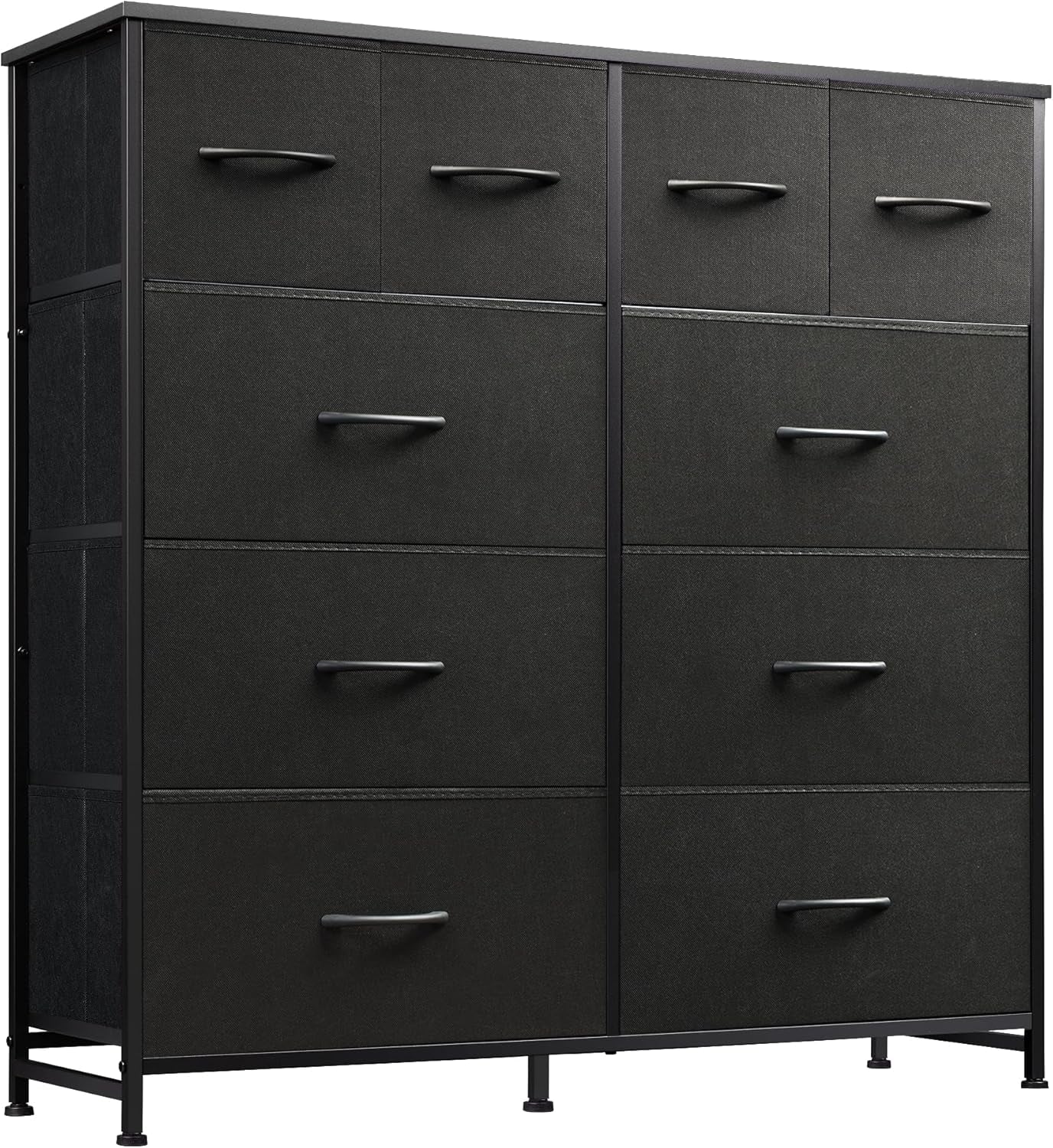 Dresser for Bedroom with 10 Fabric Drawers, Tall Chest Organizer Units for Clothing, Closet, Storage Tower with Cabinet, Metal Frame, Wooden Top, Black Dresser for Living Room